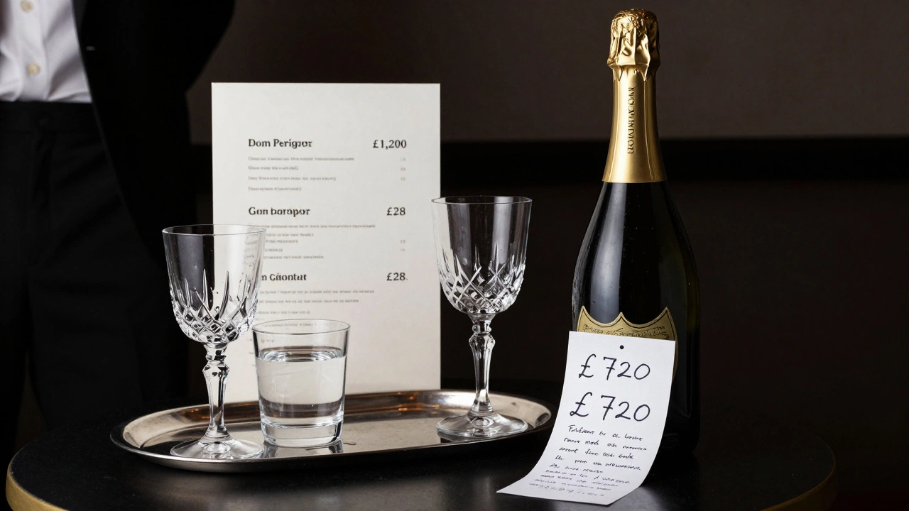 Champagne bottle and receipt on a table showing £720 spent, with cocktail menu in background.