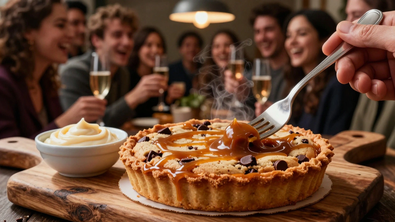 Chocolate chip cookie dough tart with bourbon caramel drizzle and sea salt caramel dip.