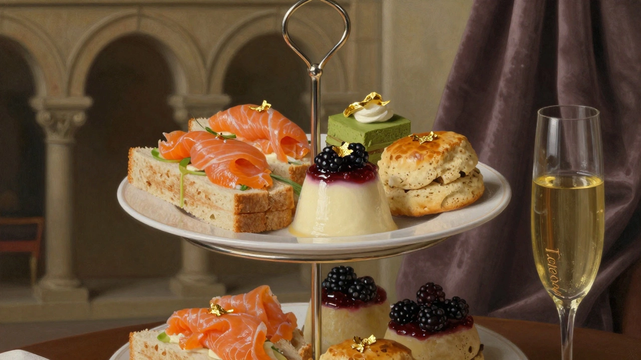 Close-up of a luxurious afternoon tea spread with gold-leaf desserts, scones, sandwiches, and champagne, set against aged stone and velvet textures.