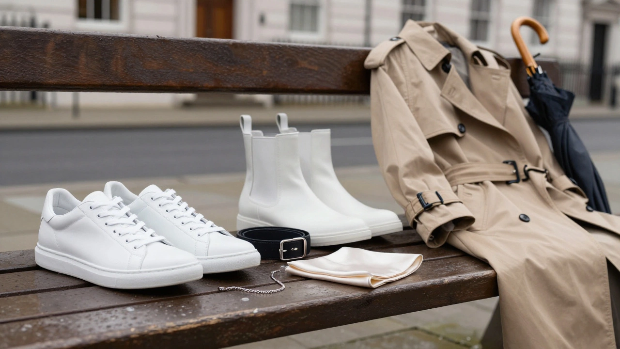 Close-up of minimalist sneakers, leather belt, silk pocket square, and trench coat on a wet London bench.