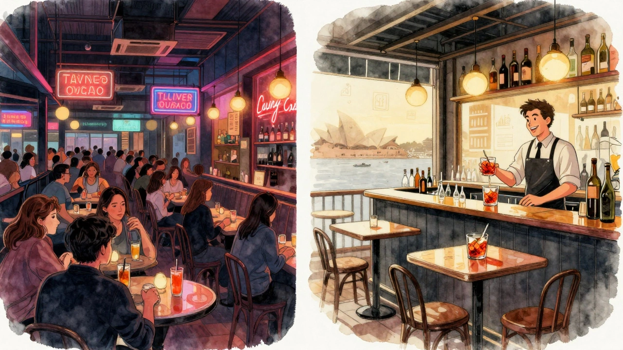 Contrasting scene of crowded weekend bar versus calm weekday bar with price differences