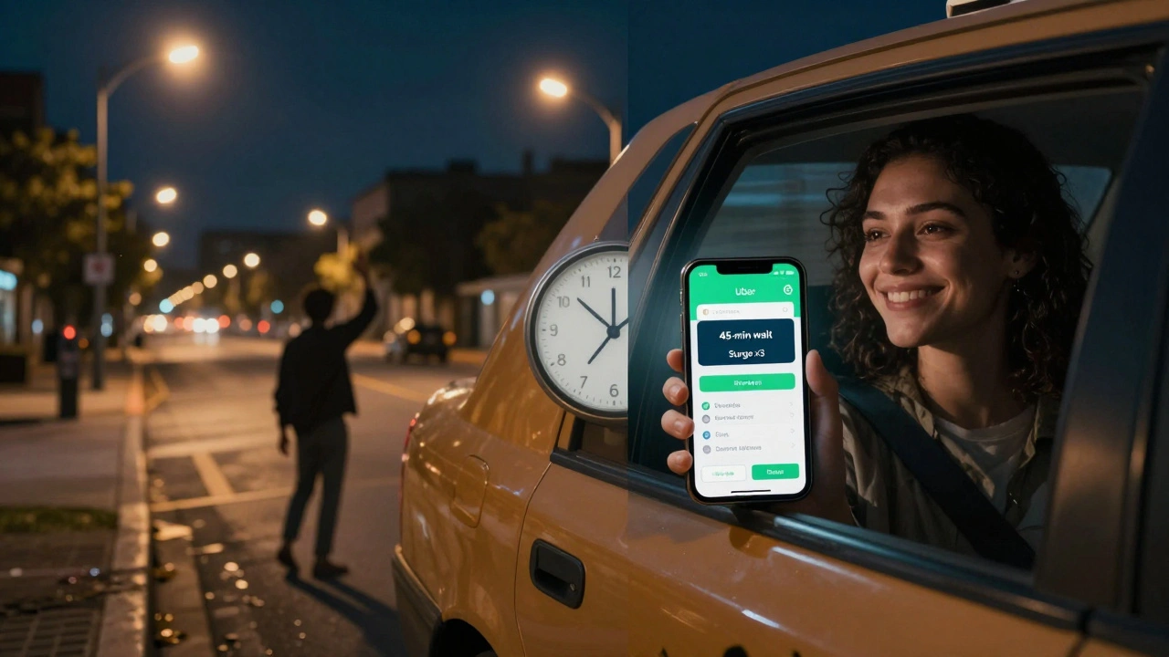 Contrasting scenes: chaotic late-night cab hunt vs. peaceful pre-booked taxi ride.