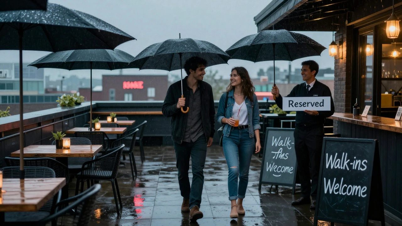 Couple arriving at rooftop bar on rainy evening, host ready with reserved sign.