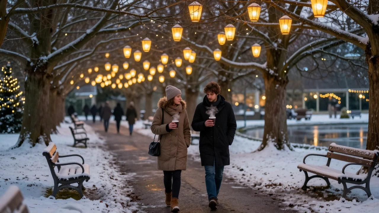 Couple walking peacefully through Kew Gardens' winter lantern trail at night, surrounded by glowing lights and snow-dusted trees.