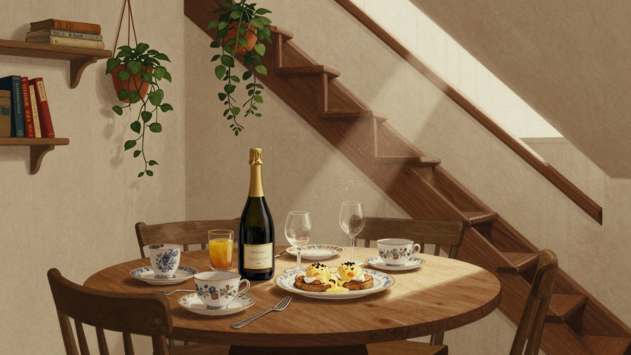 Cozy attic dining with rare prosecco, truffle hollandaise, and warm sunlight filtering through plants.