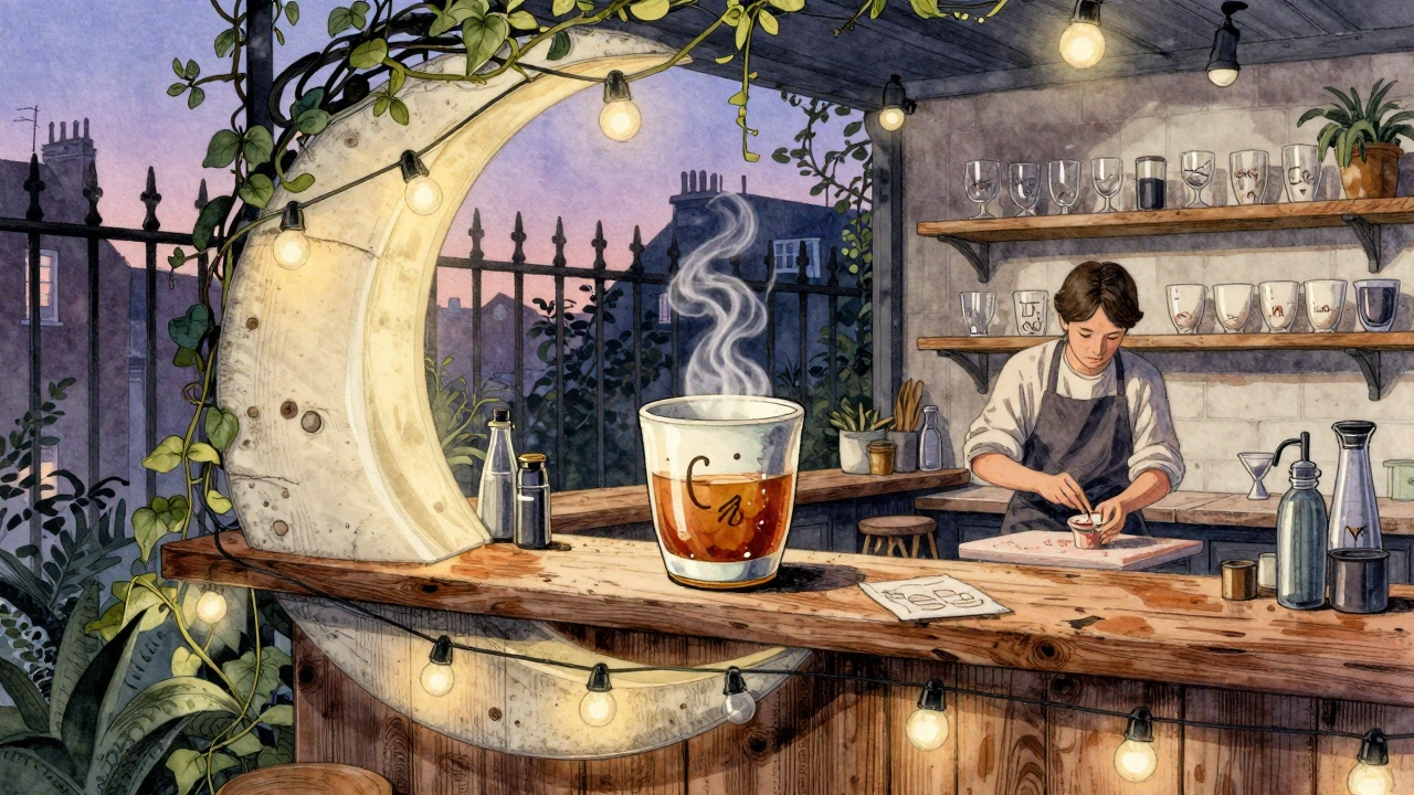 Crescent moon-shaped bar with ceramic glasses and string lights, surrounded by greenery at dusk.