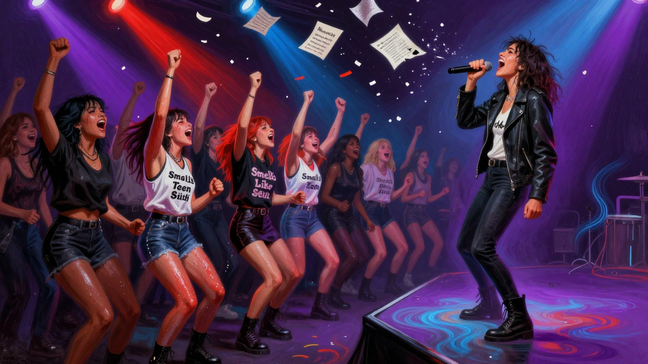 Crowd of women celebrating at a late-night karaoke night, confetti swirling as a singer screams into the mic.