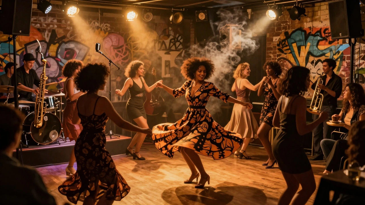 Crowd of women dancing joyfully in a dimly lit jazz club with warm lights and vintage instruments on stage.