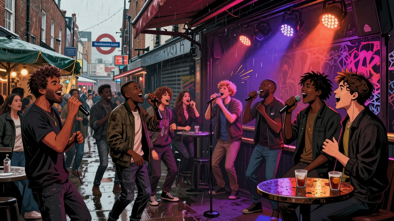 Crowd passionately singing at a gritty Camden karaoke bar with street art and Tube signs visible outside.