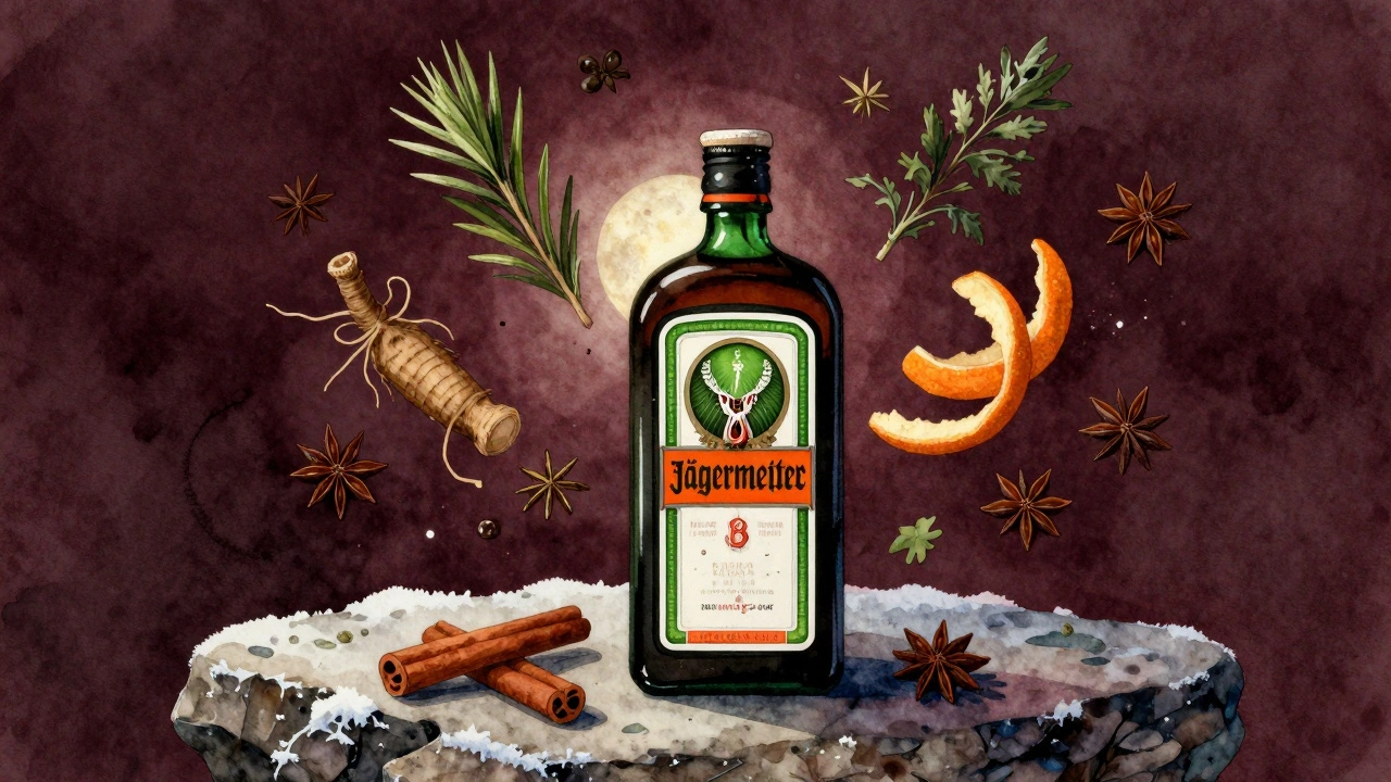 Dark Jägermeister bottle surrounded by floating herbs and spices in a frosty, moonlit setting.