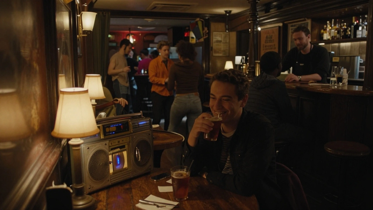Dimly lit pub with patrons enjoying drinks and dancing quietly, no gender markers visible.