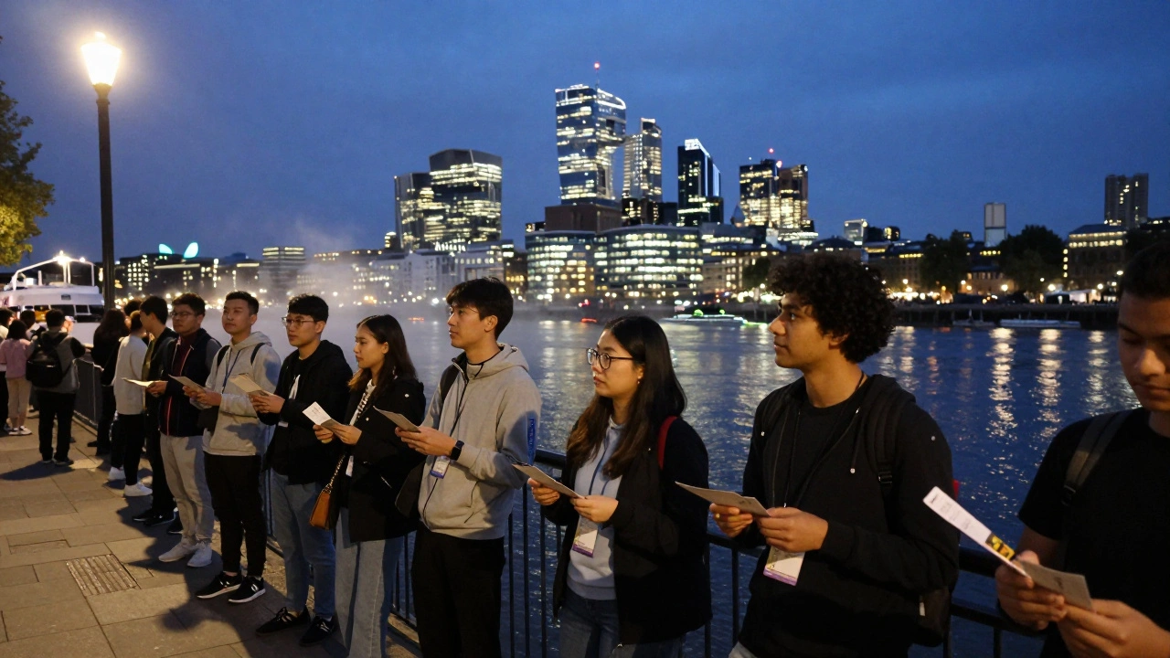 Diverse crowd boarding a Thames river cruise at night with city lights reflecting on water.