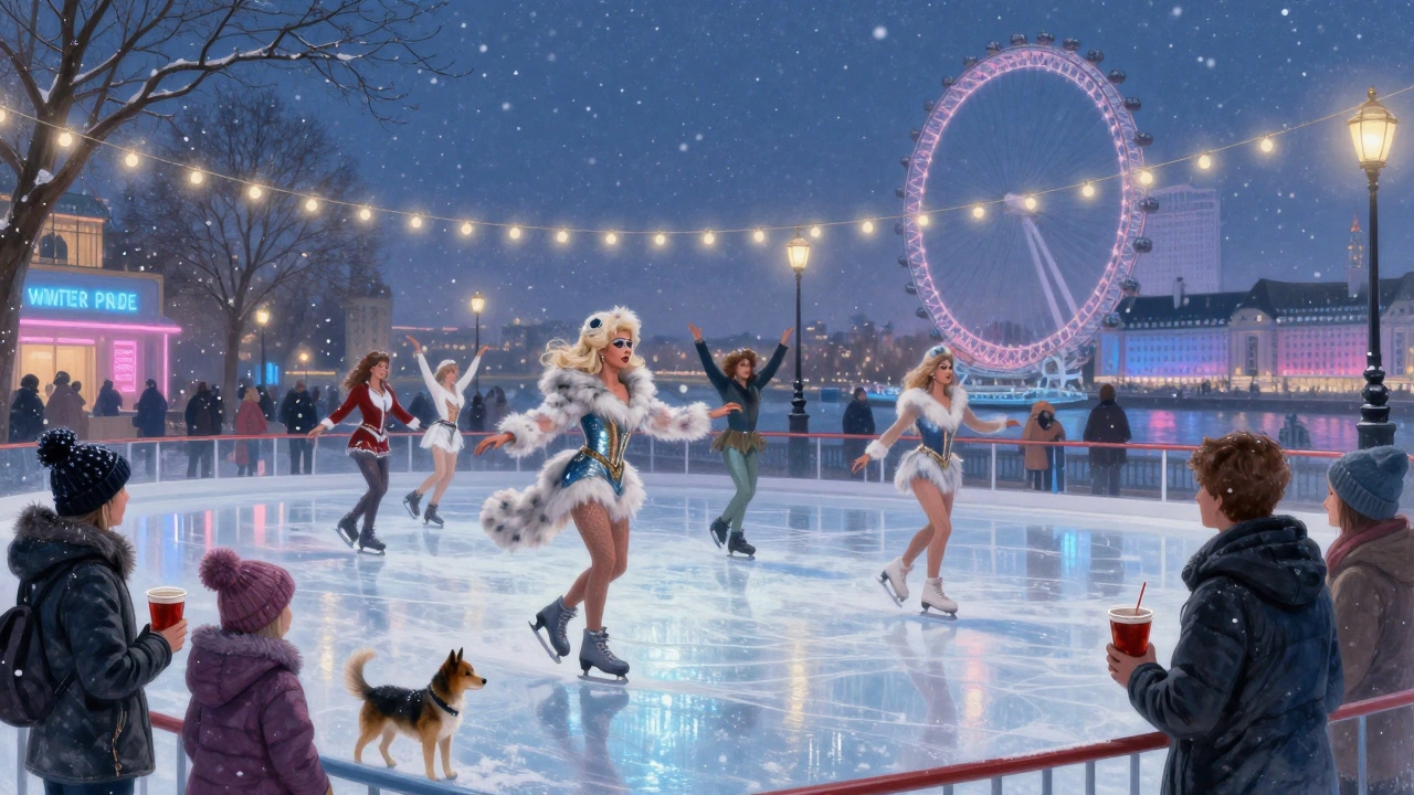 Drag performers ice skating at Winter Pride on the Southbank under festive string lights.
