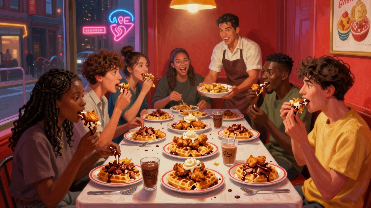 Eight people eating savory waffles with fried chicken and pulled pork at a crowded late-night diner, Nutella dripping on plates.