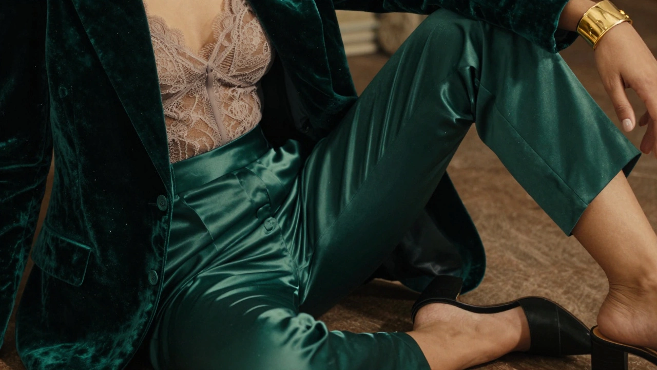 Emerald velvet blazer over lace bodysuit with satin trousers and block-heel mules.