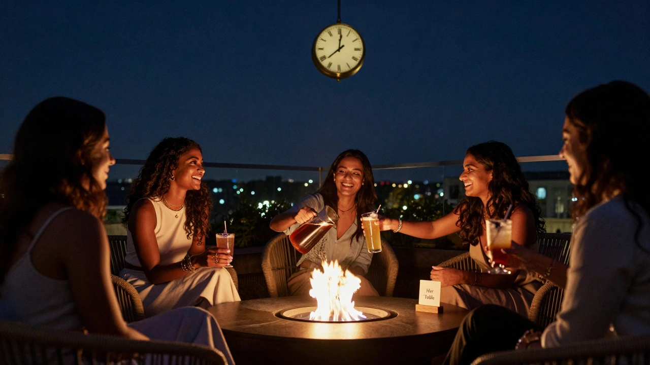 Firepit at a quiet rooftop with three women serving drinks under starlight, rattan chairs in soft focus.