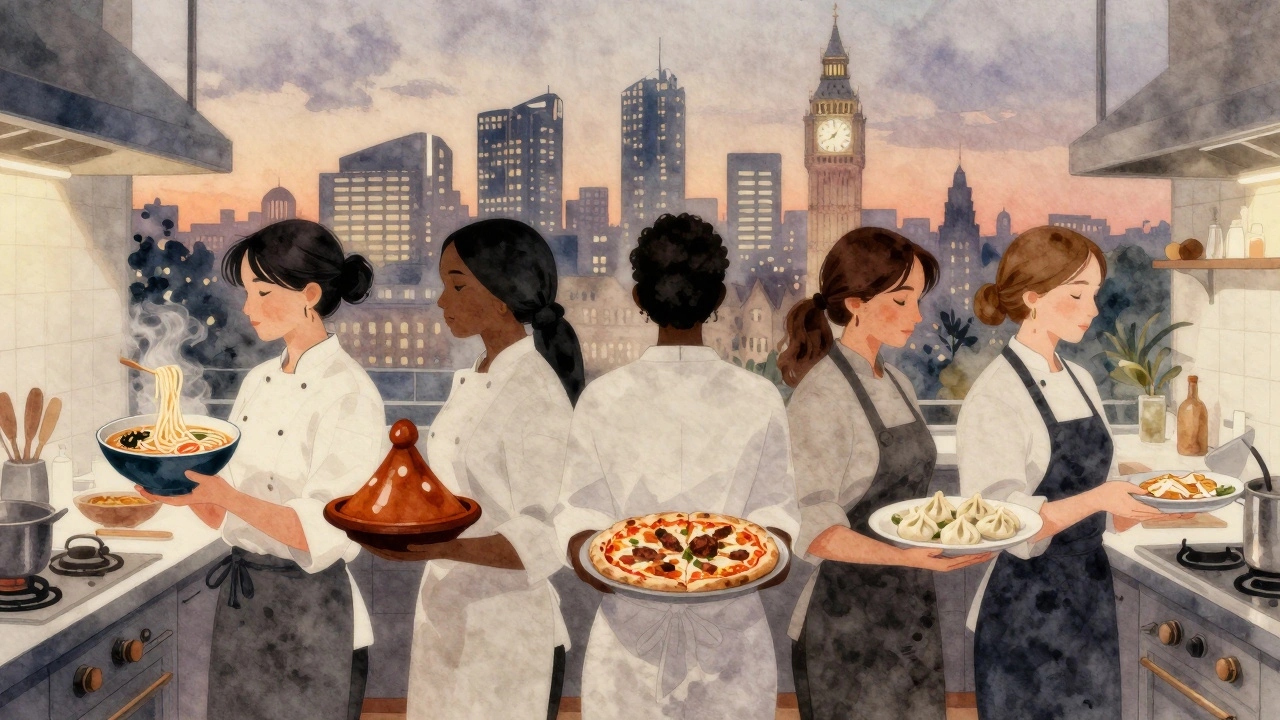 Five female chefs holding signature dishes, back-to-back, silhouetted against a dawn-lit London skyline.