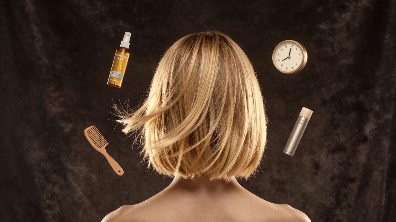 Floating blow-dried hairstyle with symbolic accessories like dry shampoo, comb, and clock, representing long-lasting style and preparation.