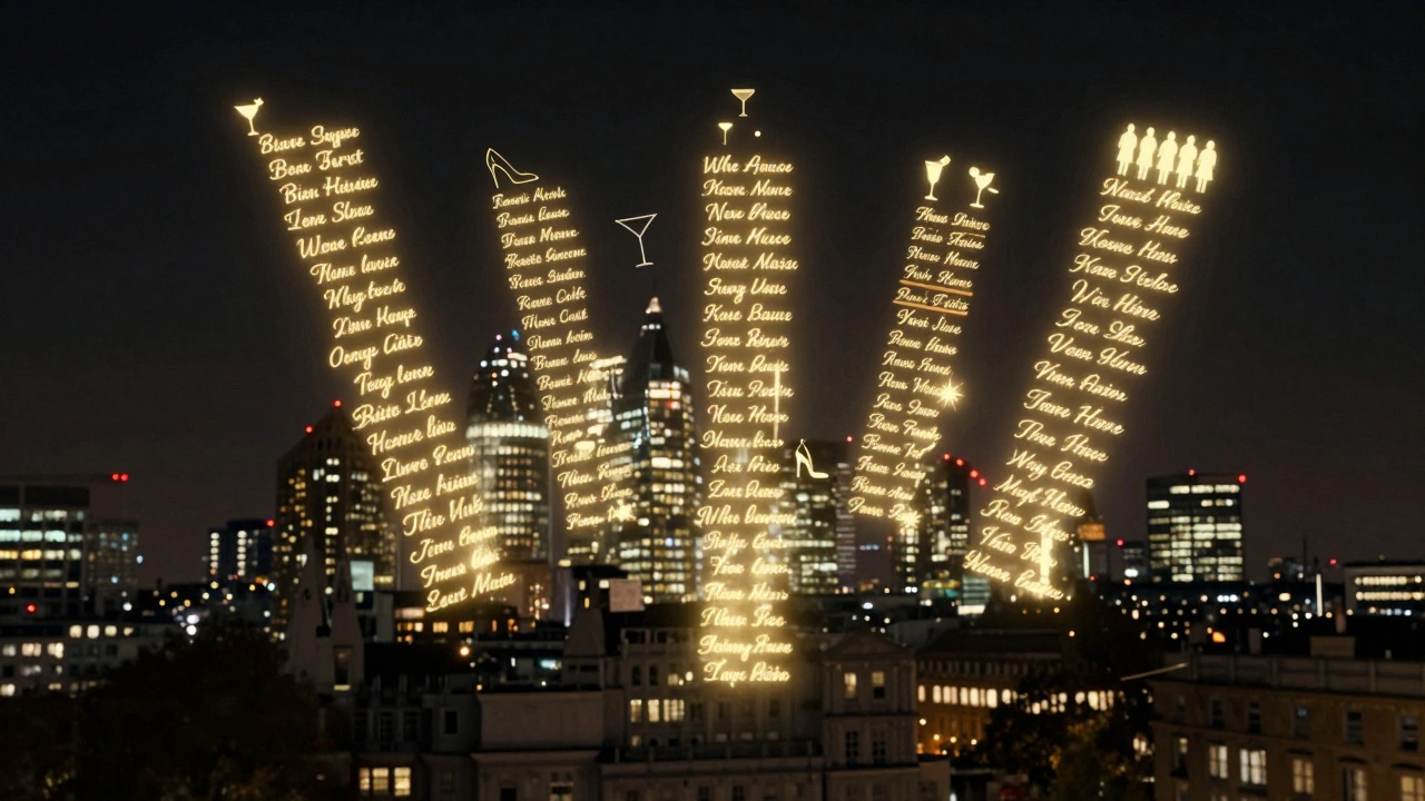 Floating digital waitlist above London skyline with cocktail and heel icons glowing above dark cityscape.
