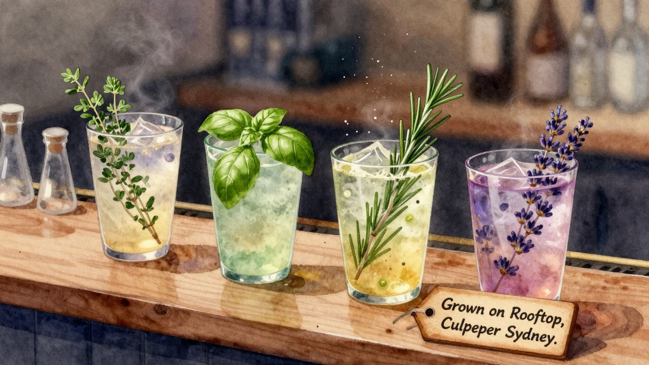 Four herb-topped cocktails on wood, with aromatic oils rising and a small garden tag visible.
