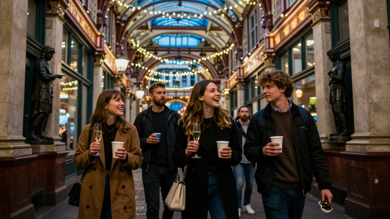 Friends enjoying champagne and chocolate in the historic Leadenhall Market at dusk.