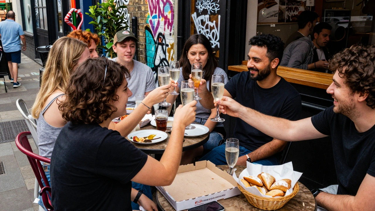 Friends on a vibrant outdoor terrace clinking prosecco glasses beside open pizza boxes and warm pastries.