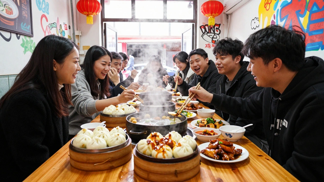 Friends sharing steamed buns and spicy dishes in a vibrant, lively Bao restaurant.
