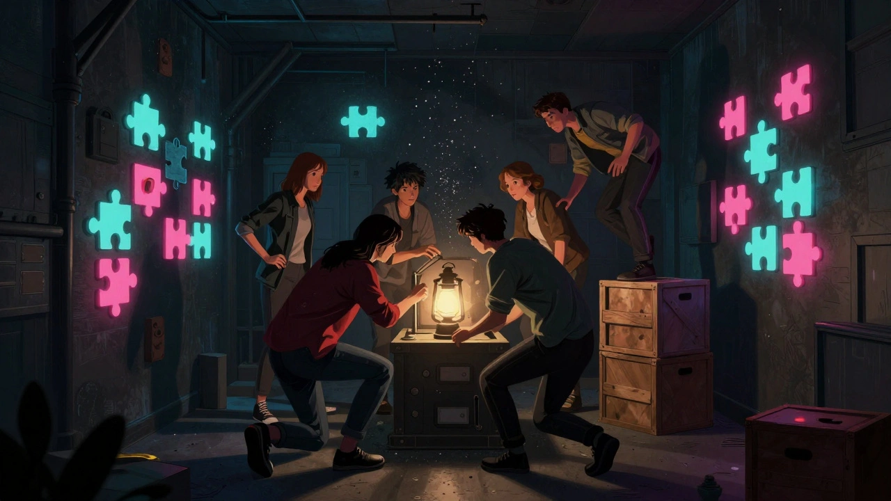 Group solving a puzzle in a dimly lit escape room with glowing clues and dramatic shadows.