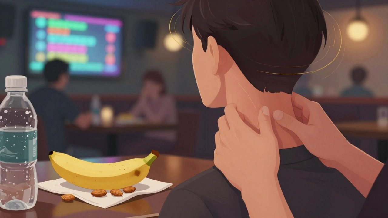 Hands massaging neck at a pub table with banana, almonds, and water nearby.