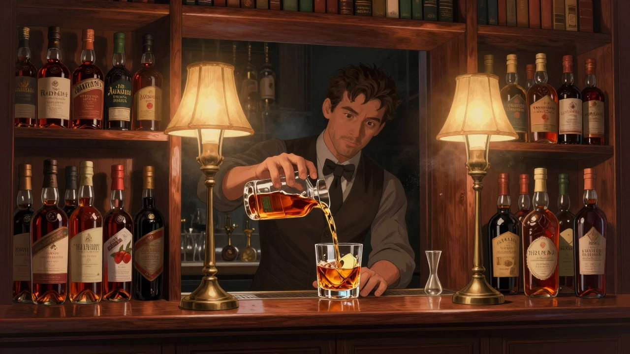 Hidden rum bar entrance behind a bookshelf with glowing cocktails and bottles.