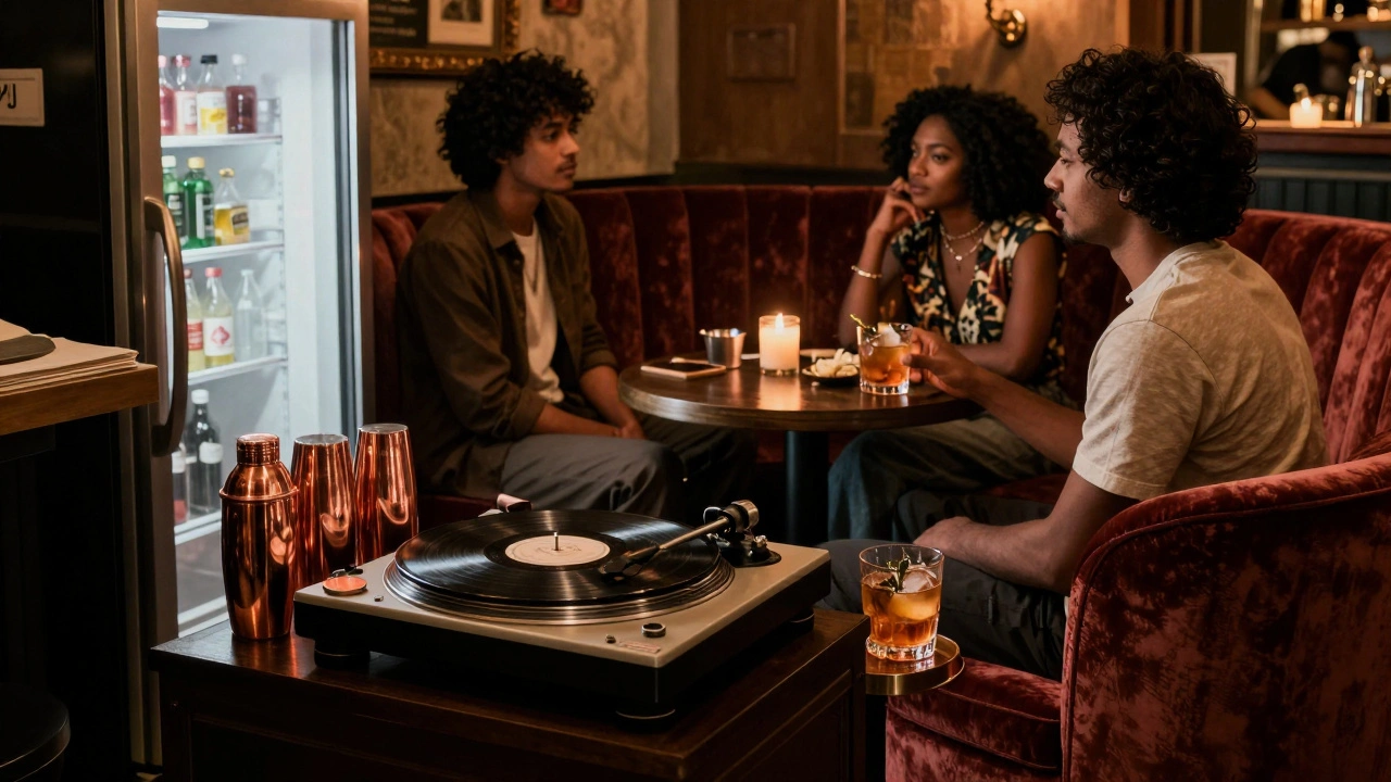 Hidden speakeasy with velvet booths and vintage vinyl, patrons listening to soul music.