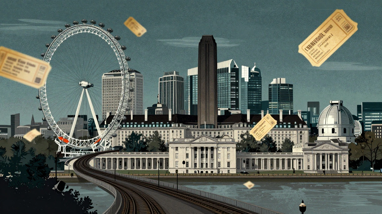London landmarks connected by train tracks with floating ticket stubs in vintage poster style.