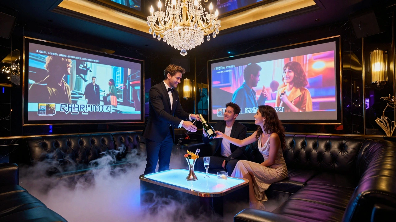 Luxurious VIP karaoke room with champagne, host, and premium lighting in Covent Garden.