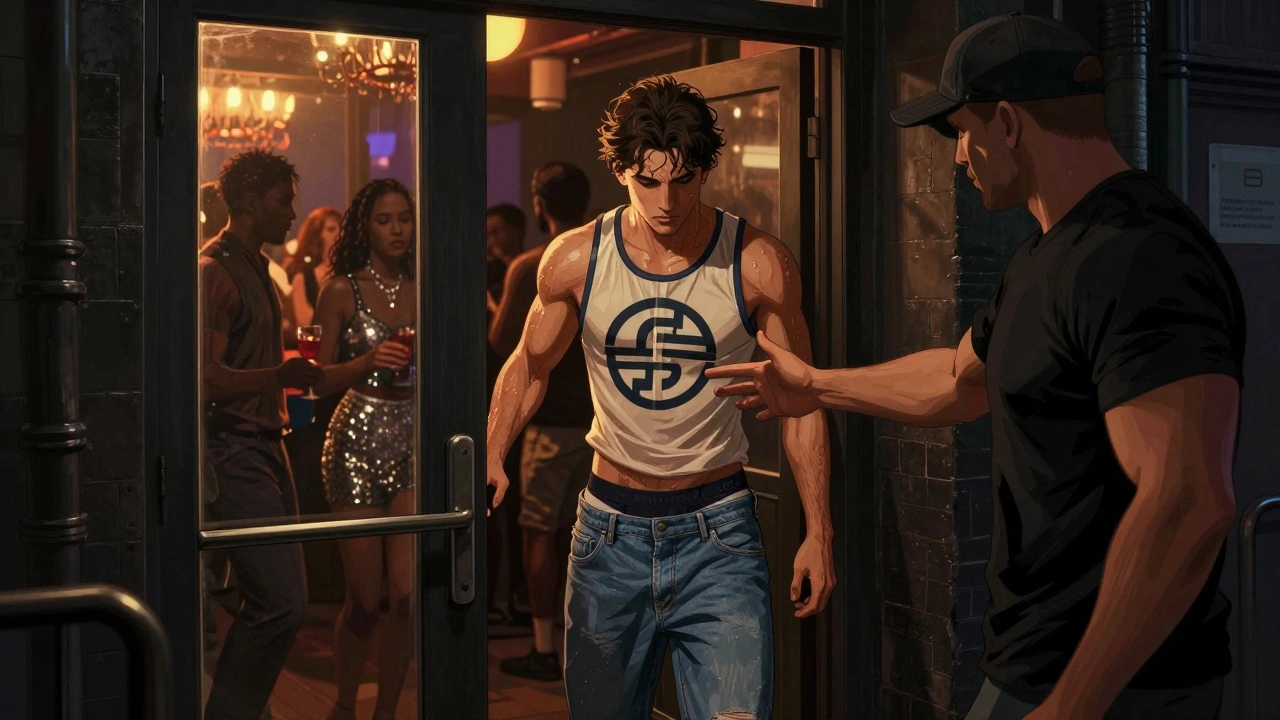 Man turned away from a club wearing saggy jeans and a gym shirt, while others enjoy the night inside.