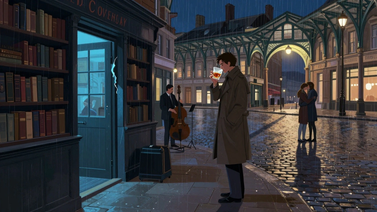 Midnight Covent Garden square with a hidden bar entrance and couple embracing under a glowing arch.