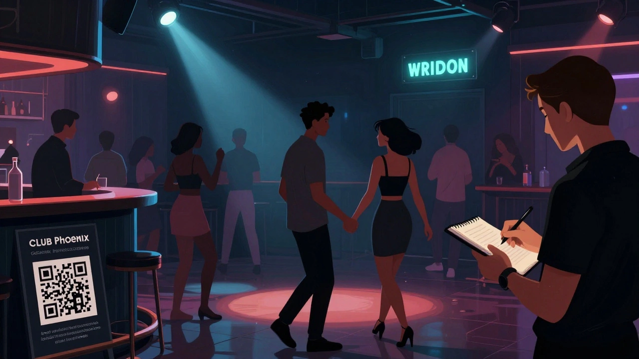 Patrons dance safely at a Melbourne LGBTQ+ venue with a QR code for reporting harassment nearby.