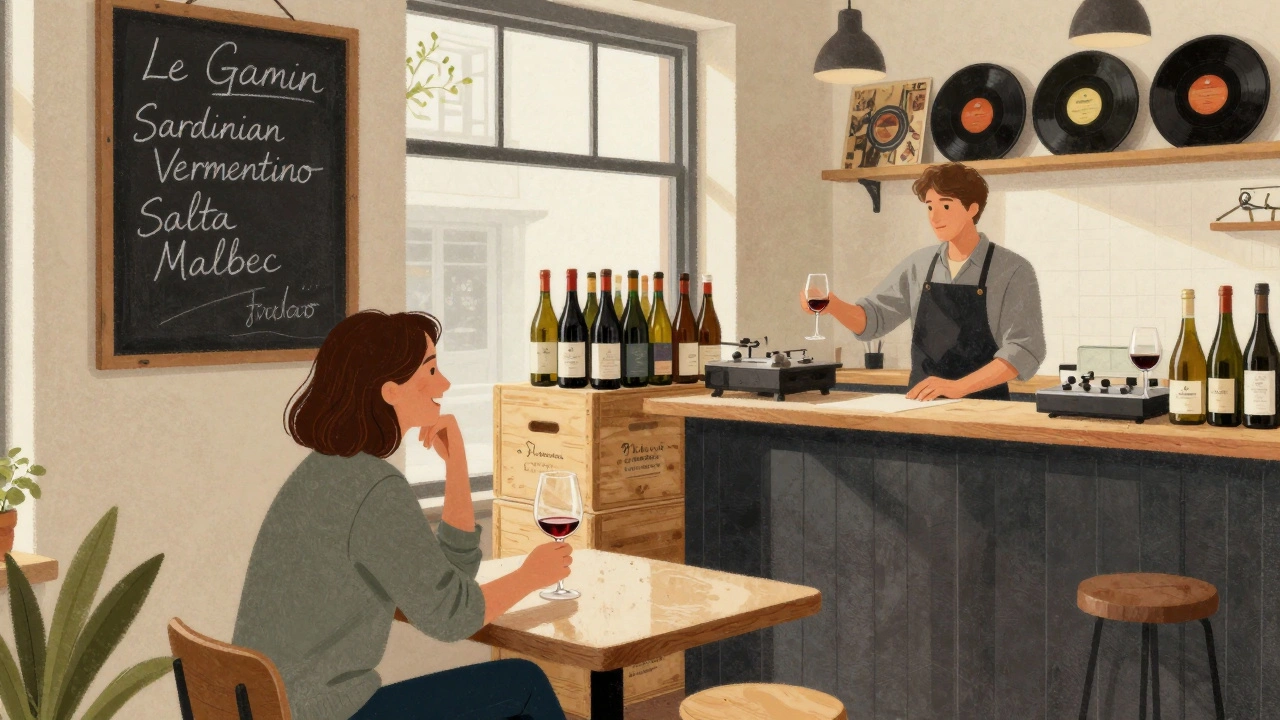 Peckham wine bar with handwritten chalkboard and customer receiving an unlabelled glass of wine.