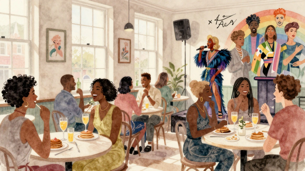 People enjoying a Sunday queer brunch with drag performers and sunlight streaming through windows.