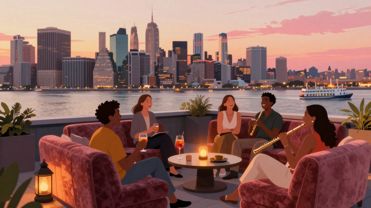 Relaxed guests at a rooftop bar during golden hour with city lights glowing behind them.