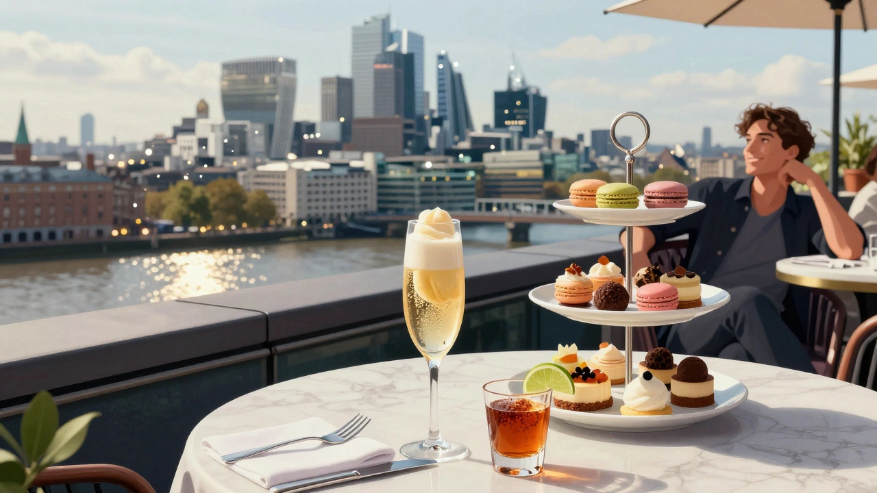 Rooftop brunch in London with champagne float, spiced rum shot, and city view at sunset.