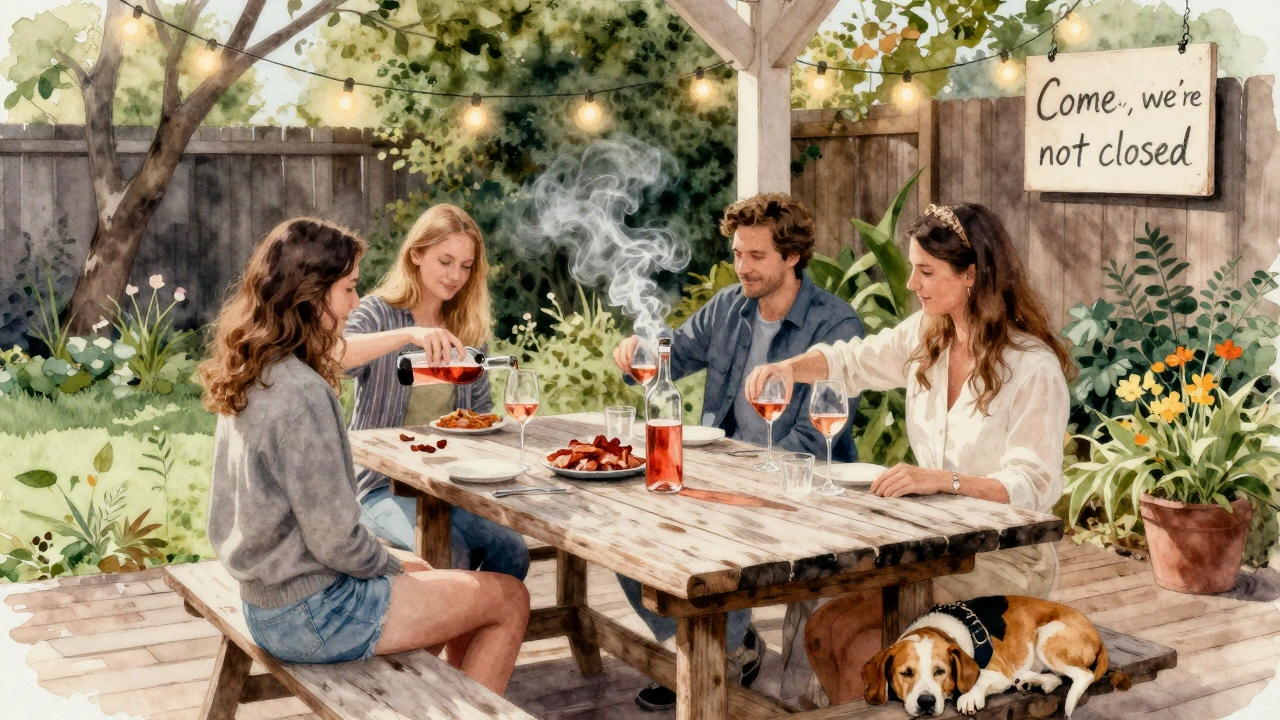 Rustic backyard brunch with a rosé barrel, crispy bacon, and a sleeping dog under the table.