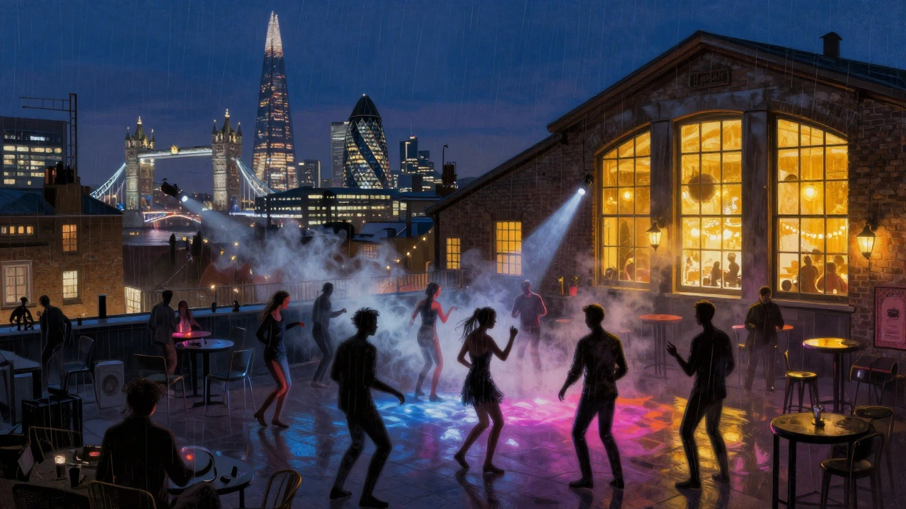 Shoreditch warehouse dance floor with rooftop skyline view under pulsing neon and rain mist.