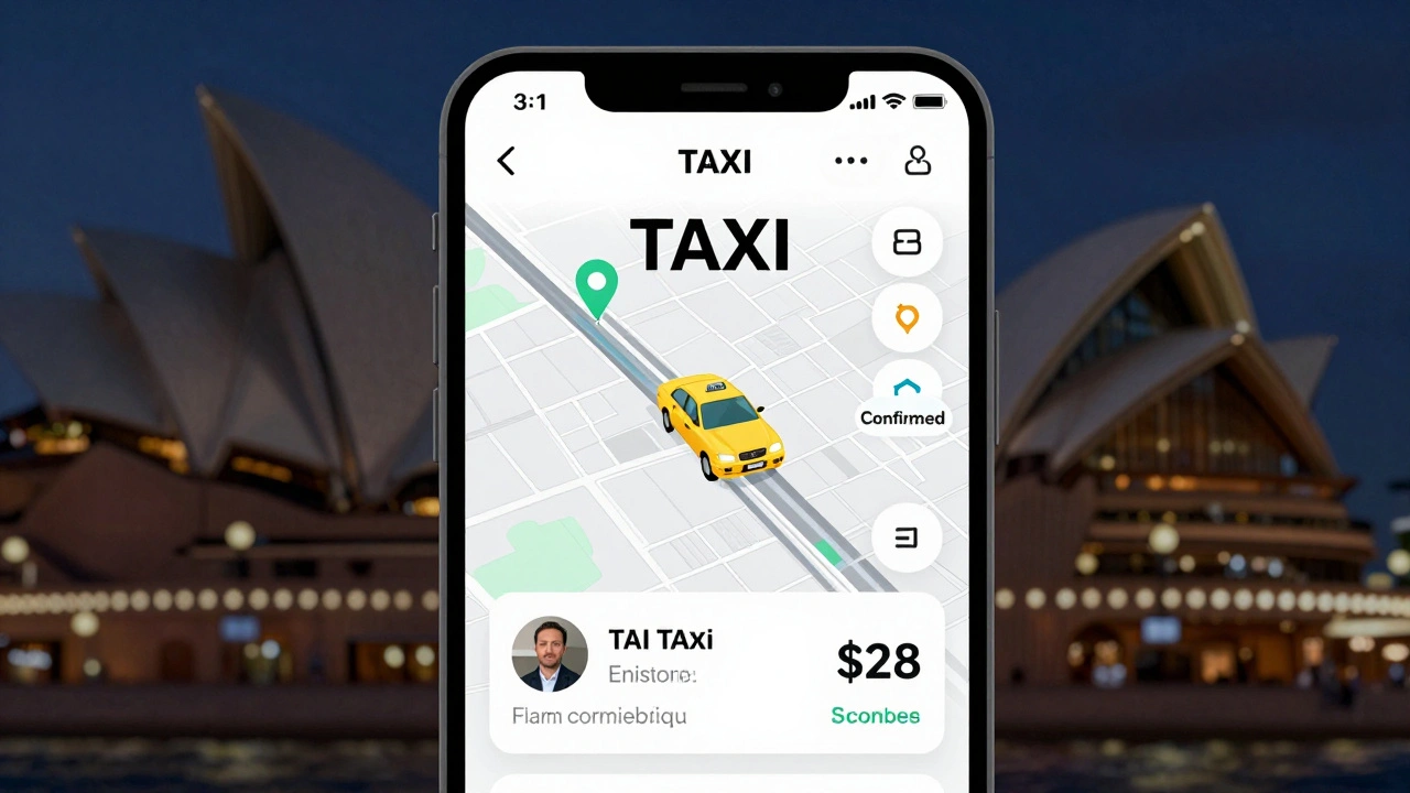 Smartphone screen showing the Sydney Taxi app with real-time taxi tracking and fixed fare estimate.