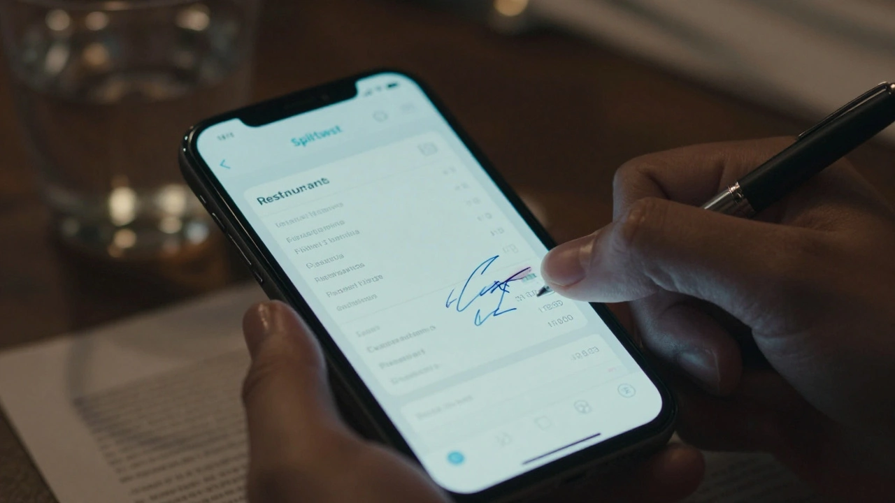 Smartphone showing Splitwise app with handwritten adjustments to a restaurant bill.