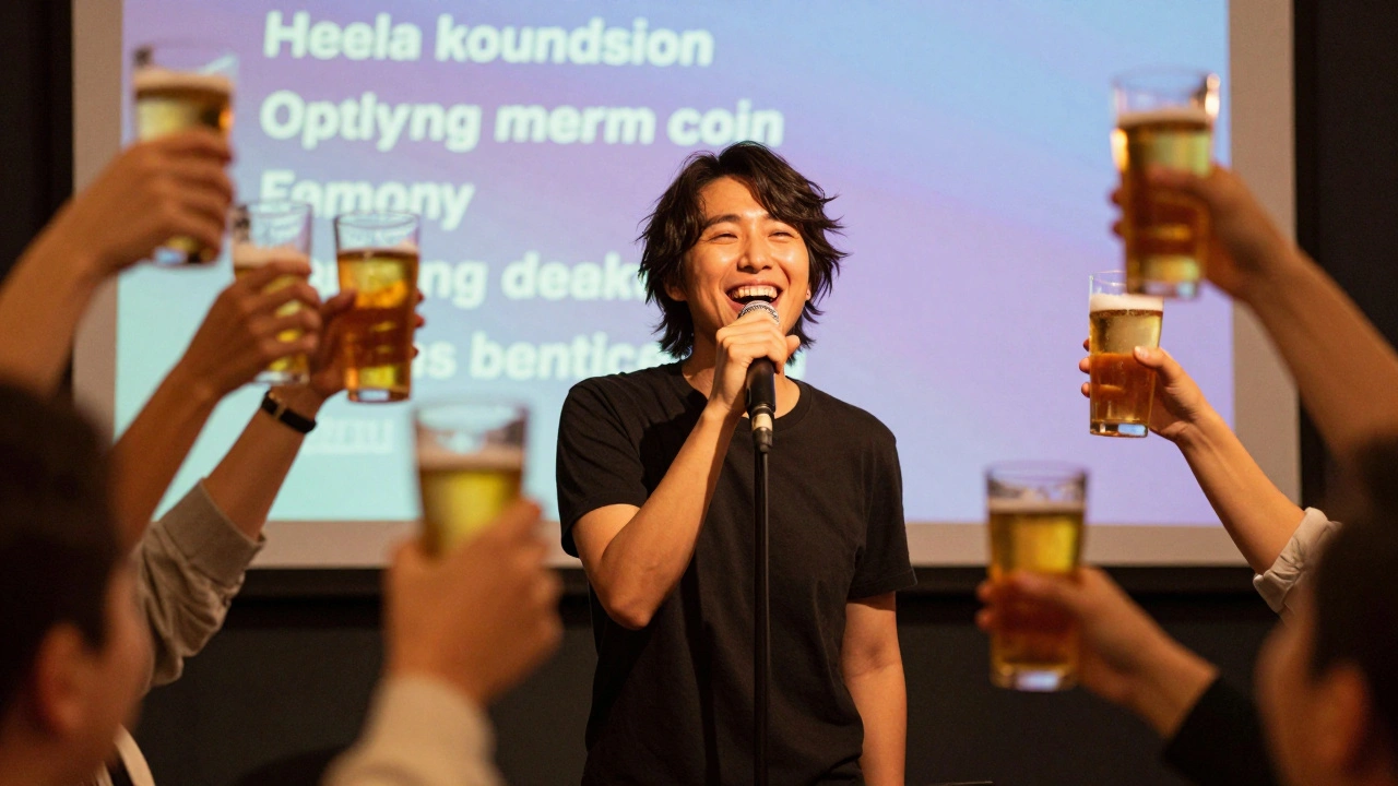 Smiling person singing confidently on a karaoke stage surrounded by cheering friends.