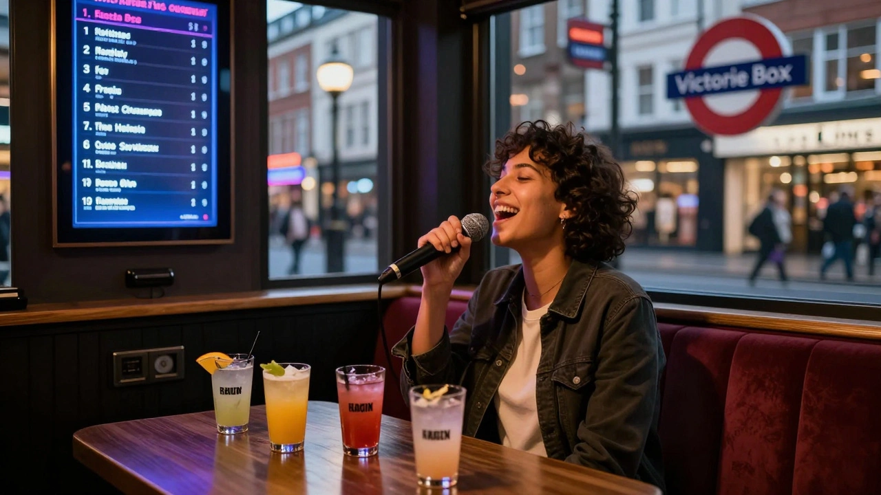 Solo singer in a cozy karaoke booth with glowing song list and cocktails, London street visible through the window.