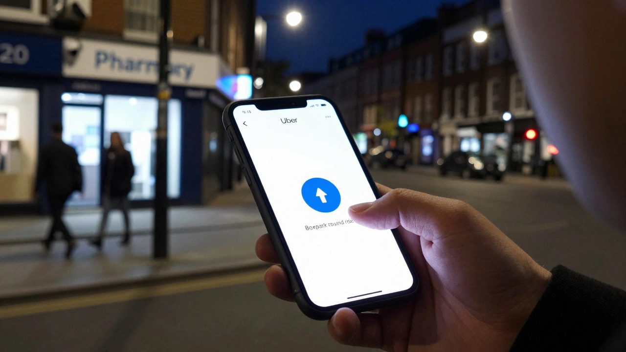 Someone using a ride-share app to confirm a designated pickup zone in Shoreditch, with security lighting and cameras visible.