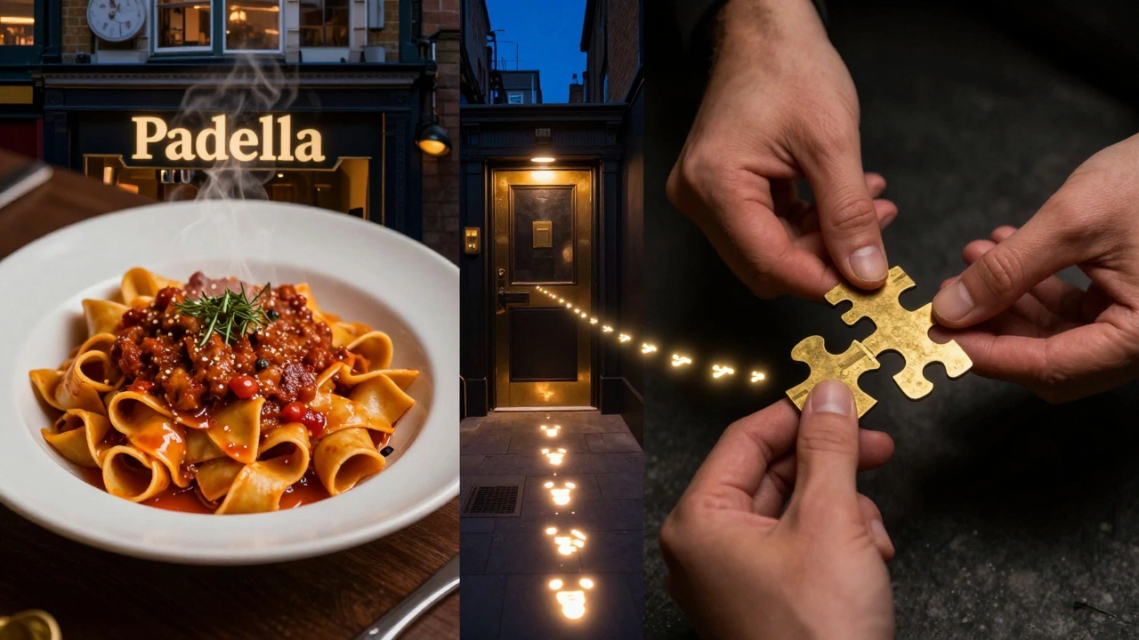 Split image of pasta dinner and escape room puzzle, symbolizing a perfect London night out.