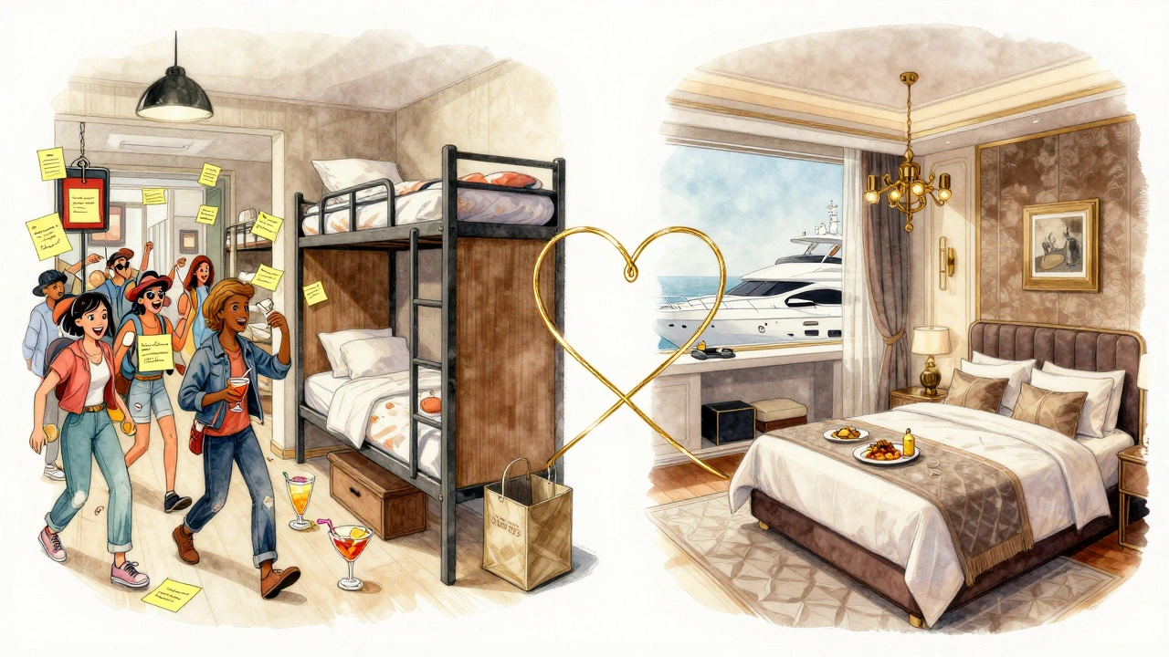 Split image showing budget and luxury hen party scenes connected by a heart-shaped thread.