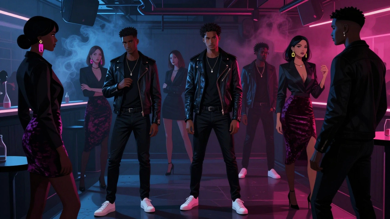 Stylish patrons in edgy yet refined outfits inside a dimly lit London nightclub.